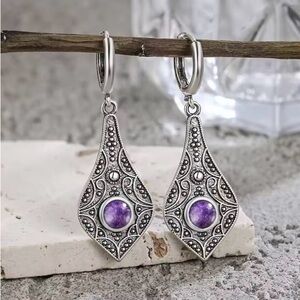 New Amethyst and Sterling Silver Hoop Earrings, Stamped